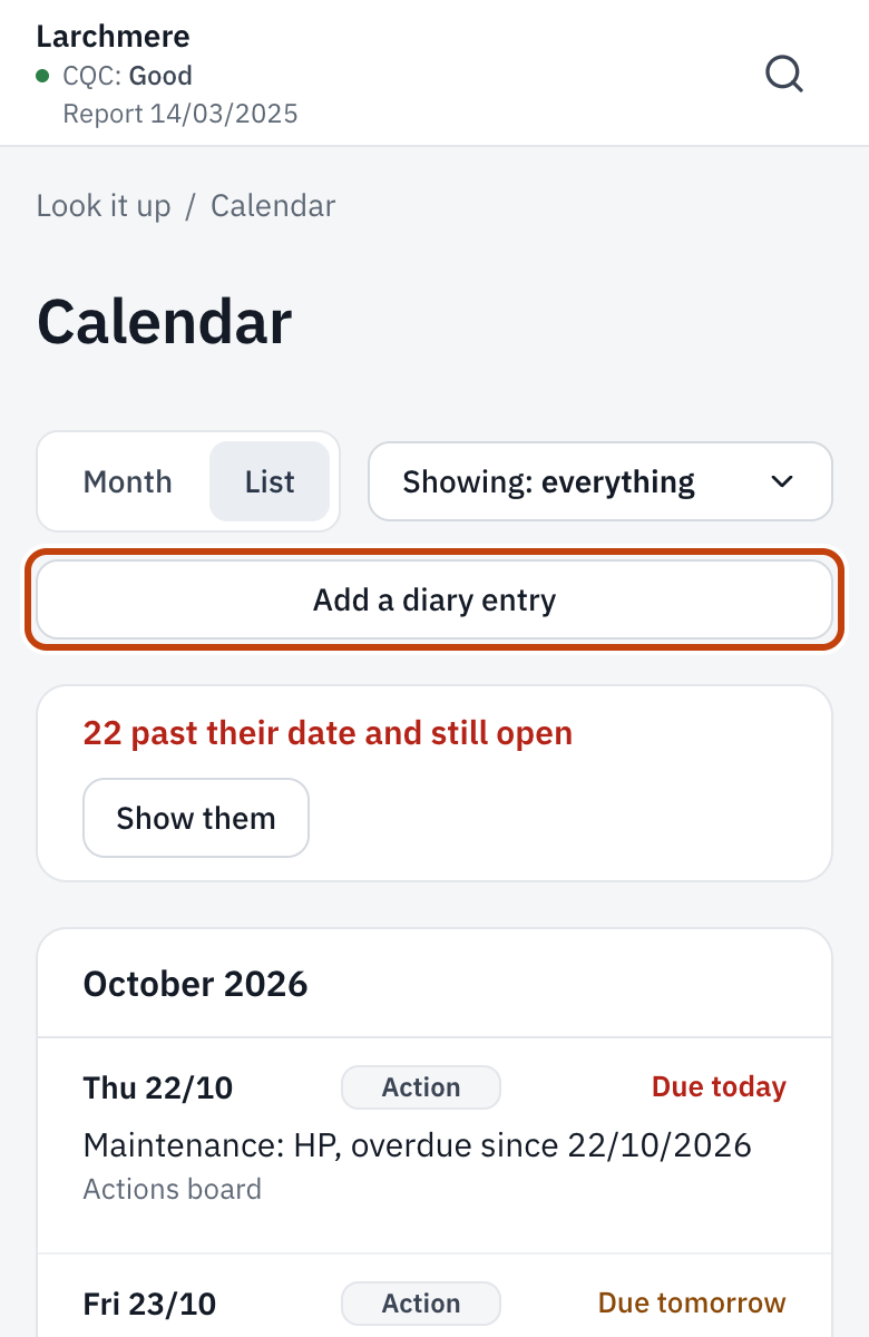The calendar, with Add a diary entry.