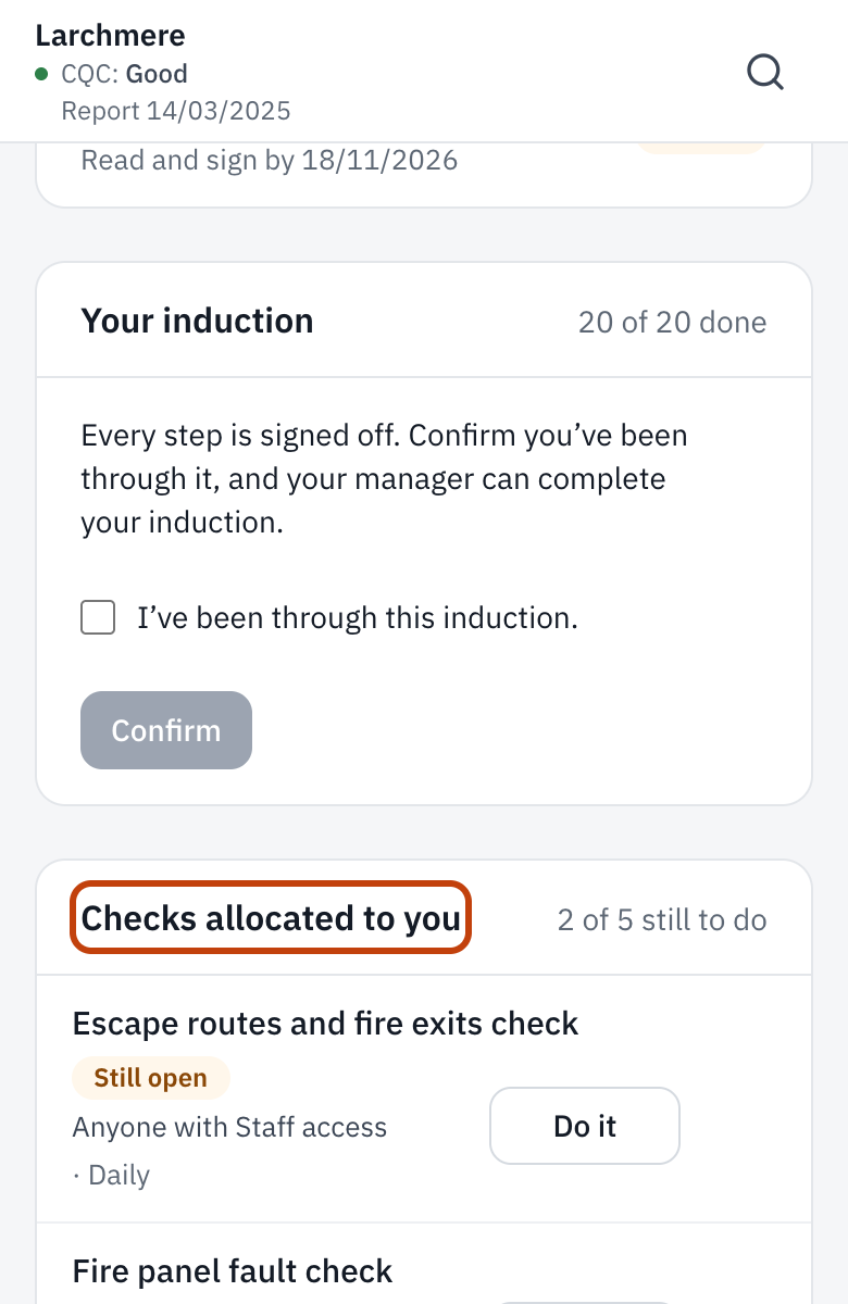 A carer’s Today: the handover board, then the checks allocated to them.