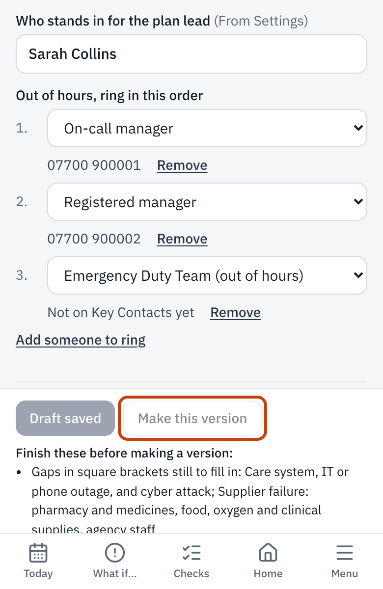 The continuity plan being written, with Save draft and Make this version at the foot.